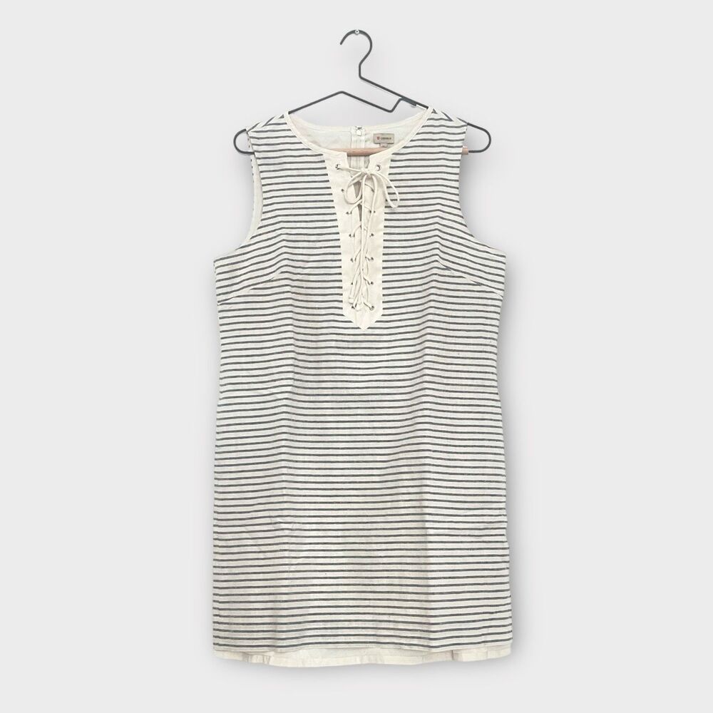 Cremieux Striped Sleeveless Tie-up Tunic Dress sz L Linen Blend Preppy Resort